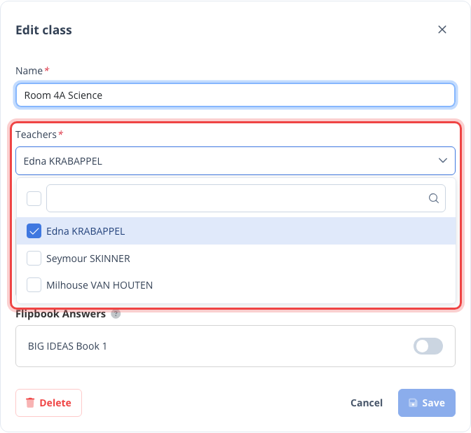 The Edit class dialog with the Teachers list open showing tick boxes