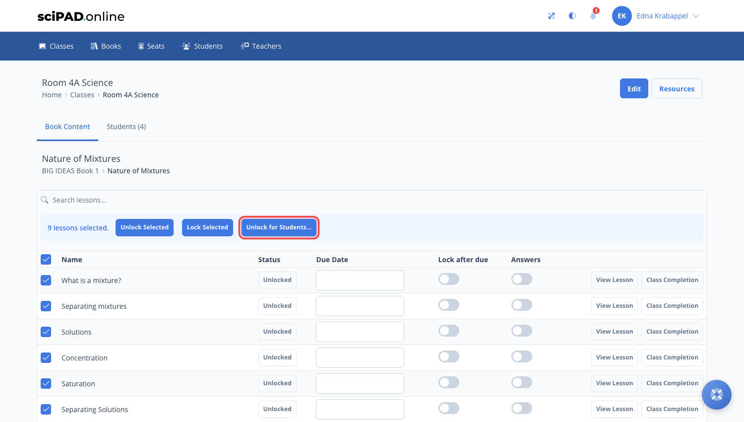 The lesson list with every lesson selected and the Unlock for Students button showing