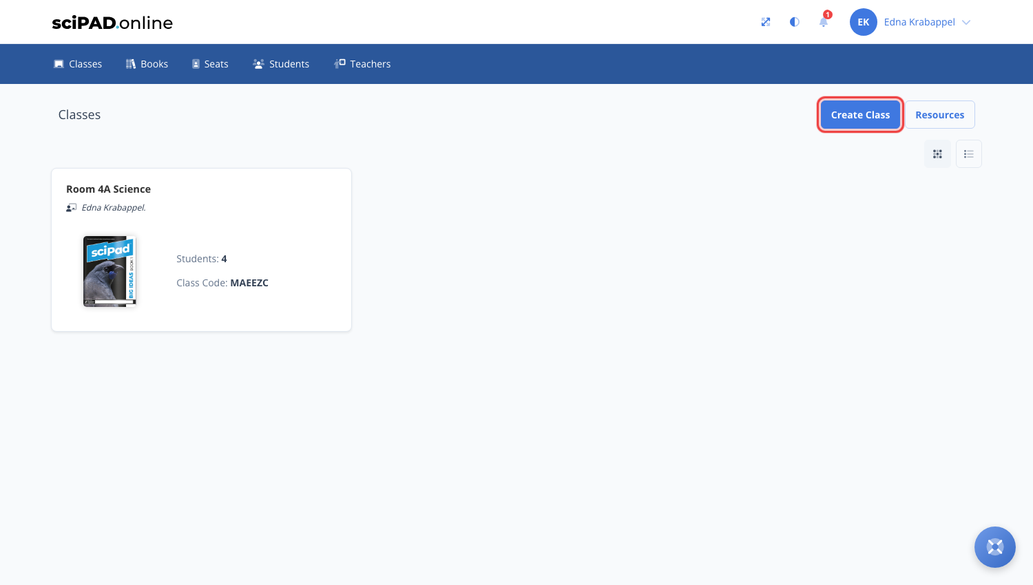 The Classes page with the Create Class button