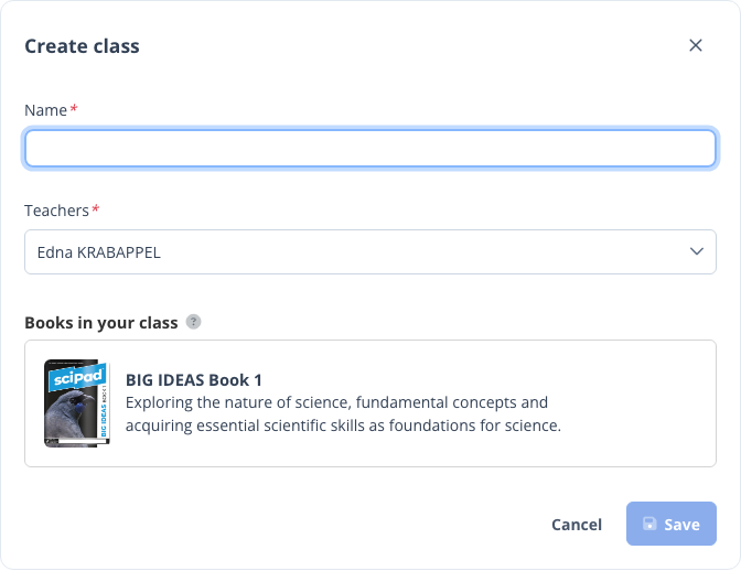 The Create Class dialog with the class name and book selection