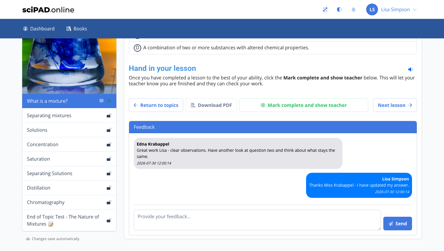 Student view of the feedback thread with the reply box