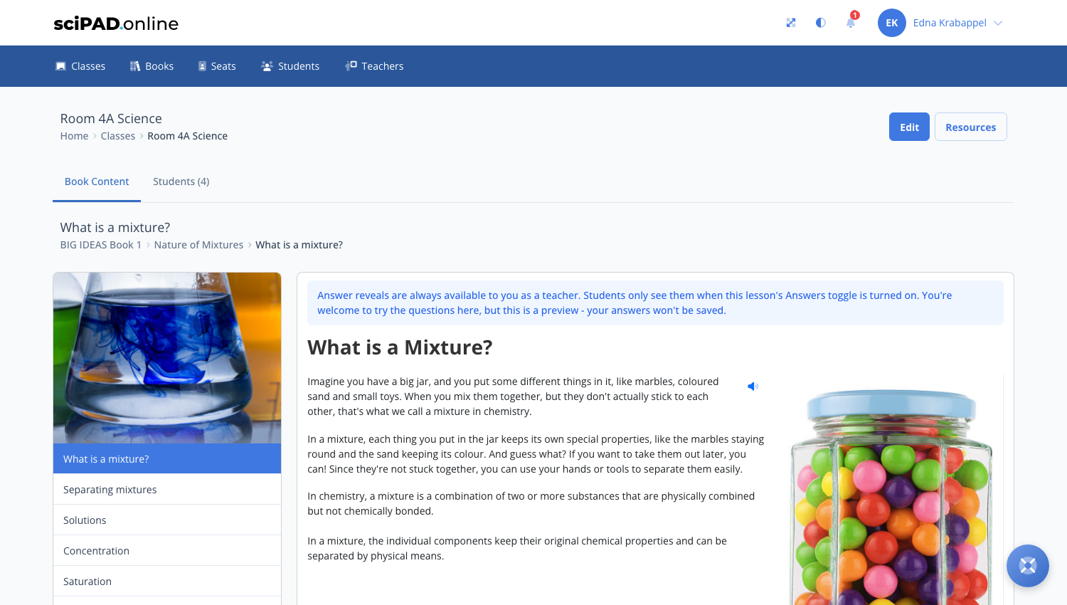 The teacher lesson preview with the topic menu on the left