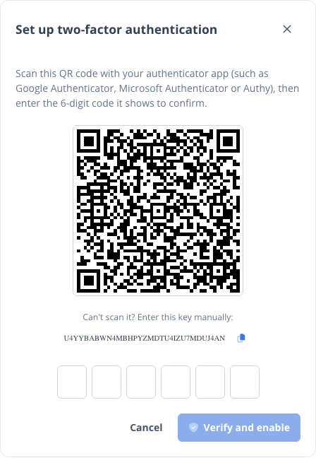 The setup dialog showing the QR code to scan with an authenticator app